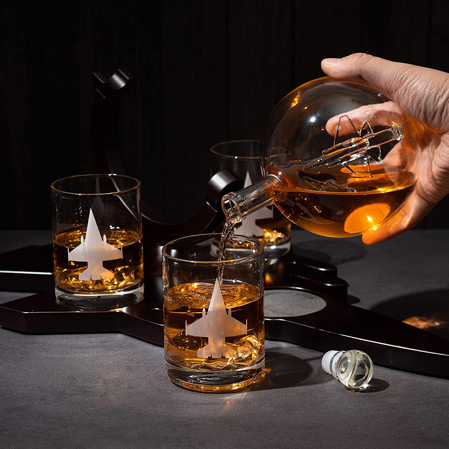 Fighter Jet Wine & Whiskey Decanter Set F16, F15, F18, F22 with 3 Glasses by The Wine Savant - Bourbon, Scotch, Vodka, Pilot, Aviation Gifts, Airplane Figurine, Military Veteran Gifts, Airplane Gifts-1