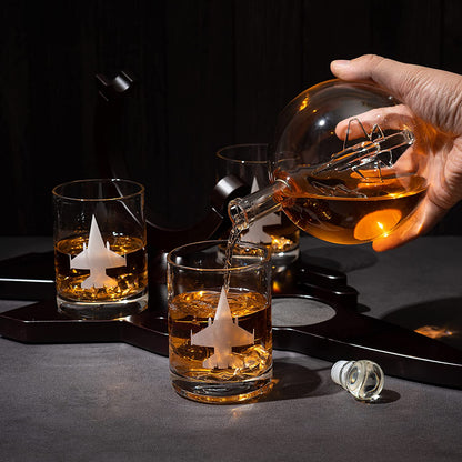 Fighter Jet Wine & Whiskey Decanter Set F16, F15, F18, F22 with 3 Glasses by The Wine Savant - Bourbon, Scotch, Vodka, Pilot, Aviation Gifts, Airplane Figurine, Military Veteran Gifts, Airplane Gifts-1