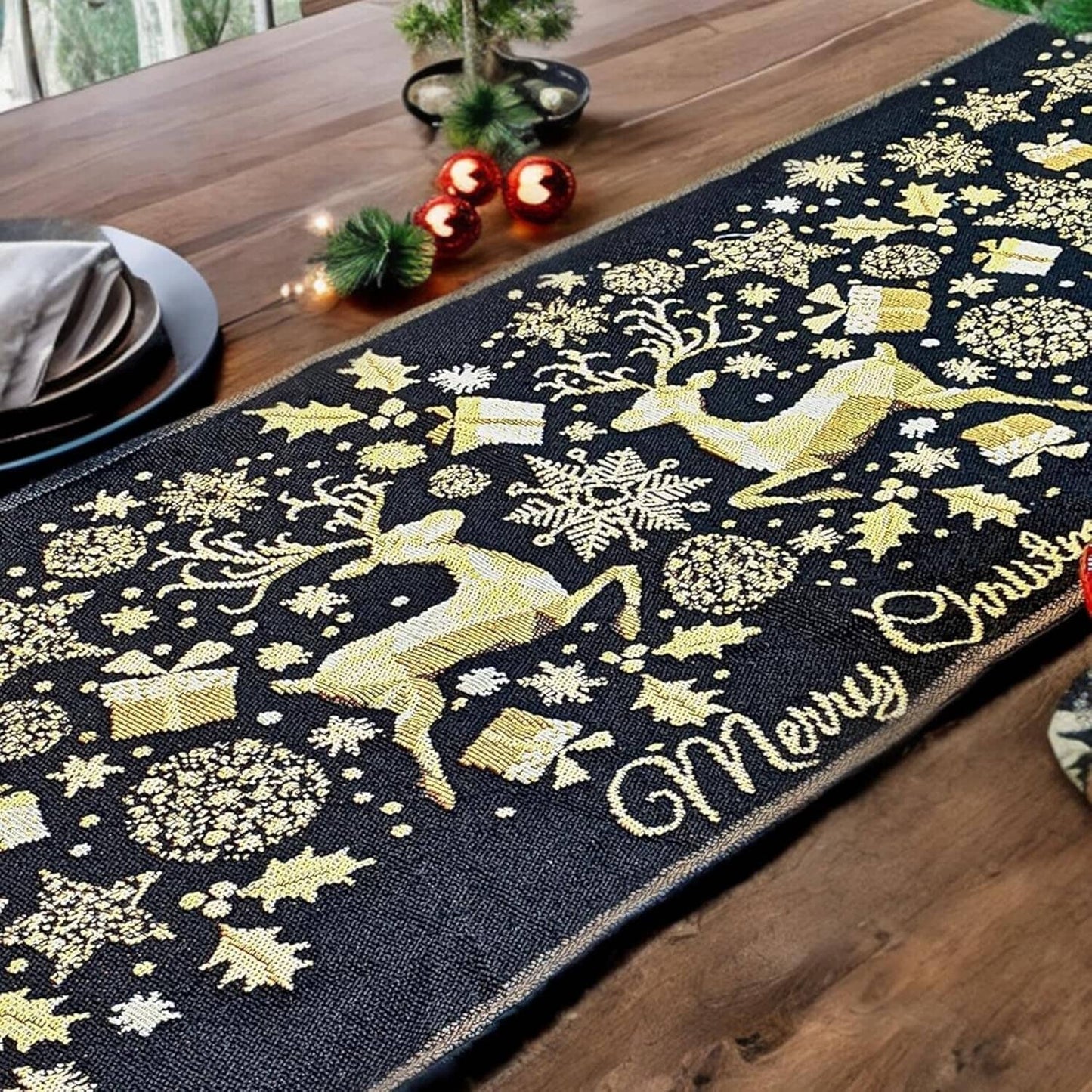 DaDa Bedding Magical Golden Reindeer Woven Tapestry Dining Table Runner (18272)-2