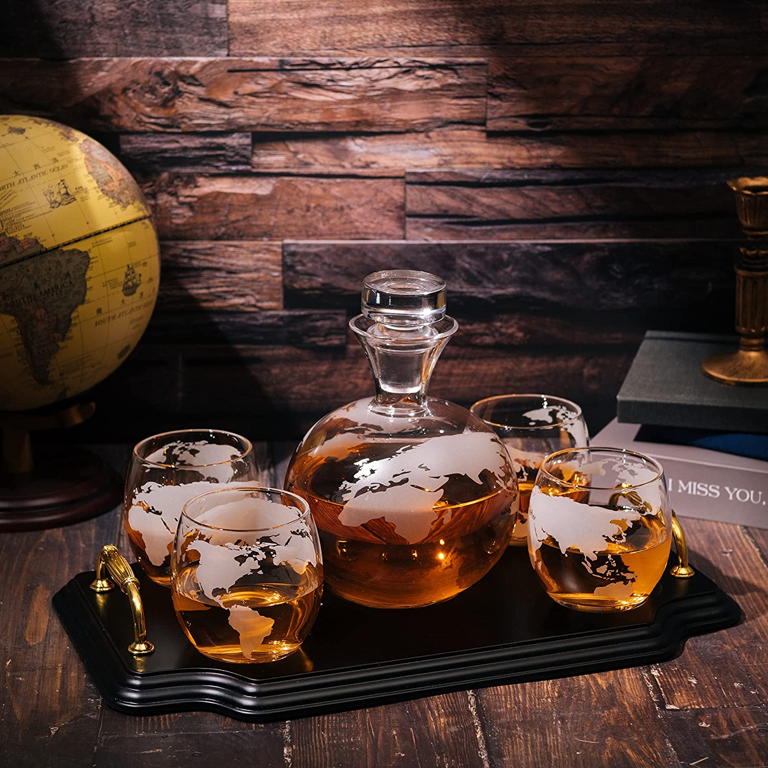 Etched World Map Globe Whiskey Decanter Set 750ml With 4 10oz Map Glasses 13" H x 13" L by The Wine Savant - Traveler Gifts, Home Bar, Whiskey Gifts, Cartography, Geography Gifts, Cosmopolitan Gifts-3