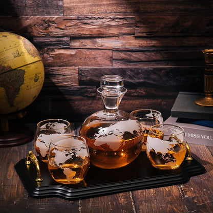 Etched World Map Globe Whiskey Decanter Set 750ml With 4 10oz Map Glasses 13" H x 13" L by The Wine Savant - Traveler Gifts, Home Bar, Whiskey Gifts, Cartography, Geography Gifts, Cosmopolitan Gifts-3