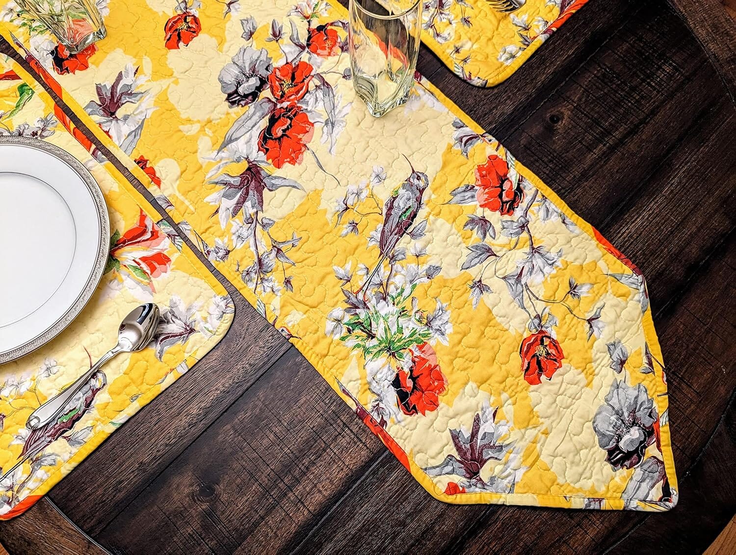 DaDalogy Bedding Sunshine Yellow Floral Vintage Hummingbirds Garden Table Runner (925)-1