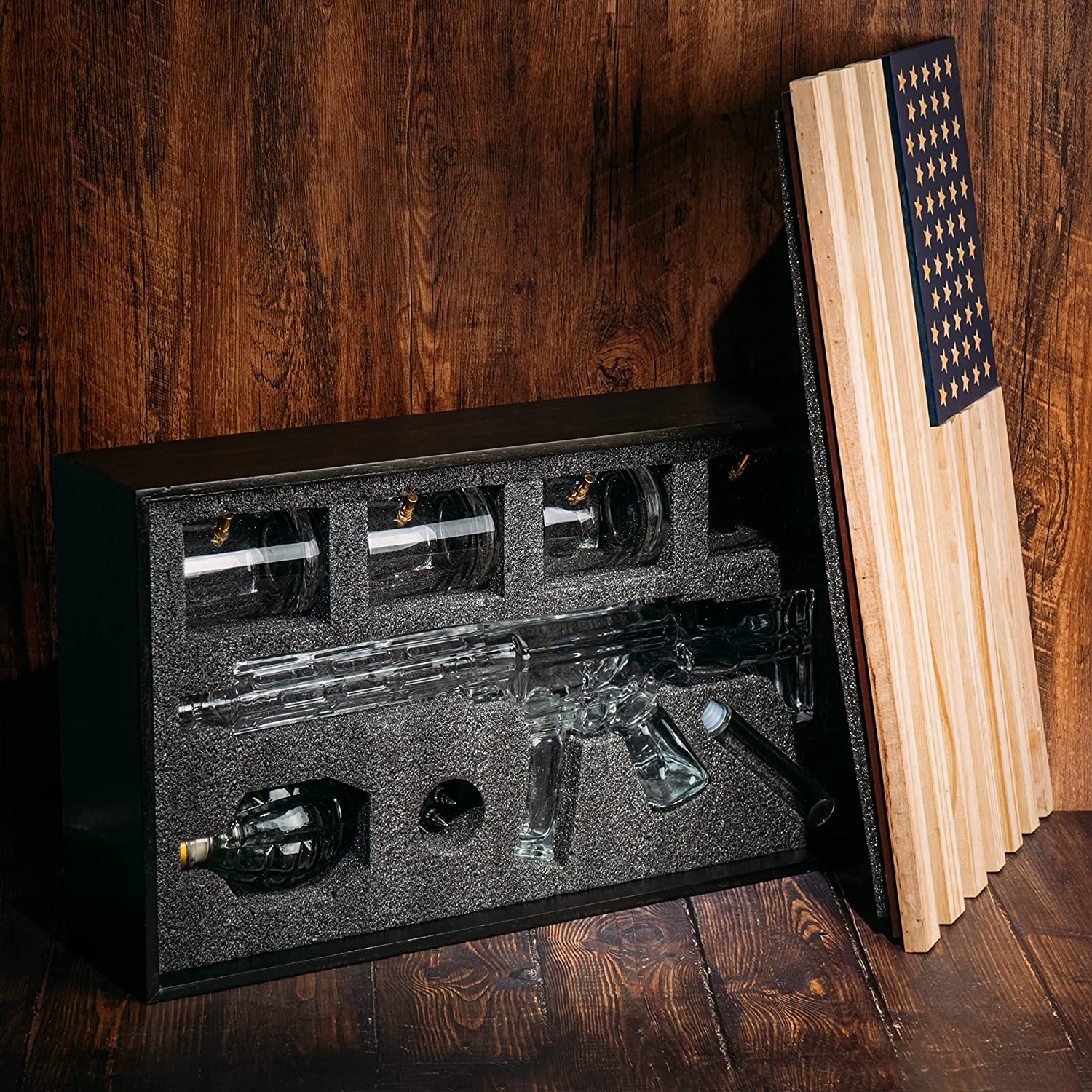 AR15 Whiskey Gun Decanter Flag Set - 1000ml Rifle & Pistol Set - Hanging Storage American Flag Gift Box & Bullet Glasses & Shot Glass, Great Gift for Army, Navy, Marines, Veterans & Gun Enthusiasts-2