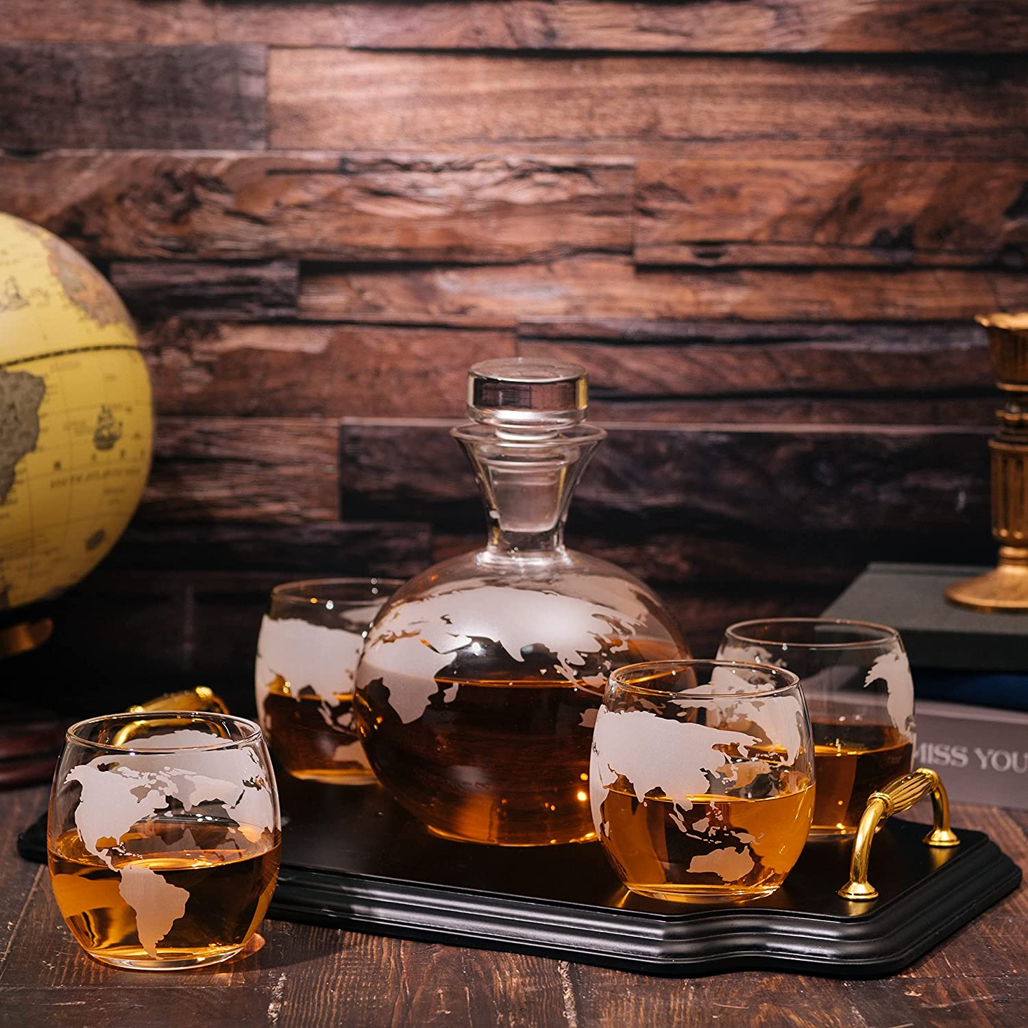 Etched World Map Globe Whiskey Decanter Set 750ml With 4 10oz Map Glasses 13" H x 13" L by The Wine Savant - Traveler Gifts, Home Bar, Whiskey Gifts, Cartography, Geography Gifts, Cosmopolitan Gifts-1