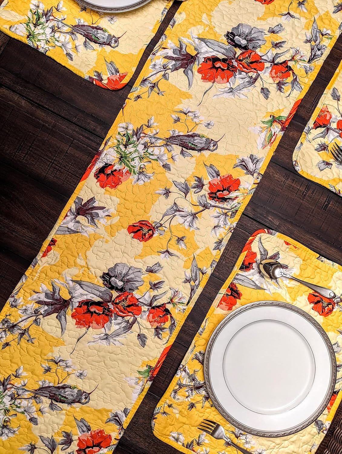 DaDalogy Bedding Sunshine Yellow Floral Vintage Hummingbirds Garden Table Runner (925)-3
