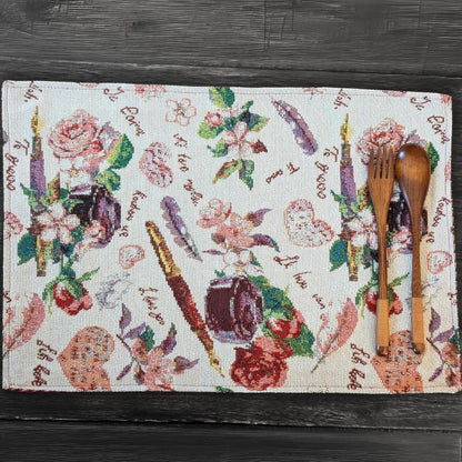 DaDa Bedding Set of 4-Pieces Sweet Love Notes Pink Floral Tapestry Dining Table Placemats 13” x 19”-4