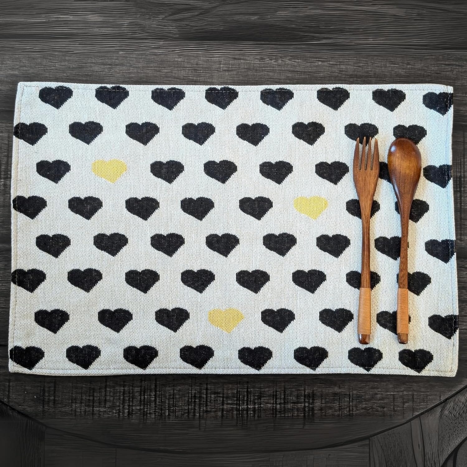 DaDa Bedding Set of 4-Pieces Lovely Yellow & Black Hearts Tapestry Dining Table Placemats 13” x 19” (18113)-2