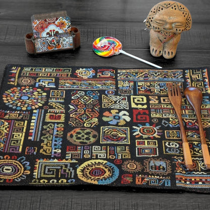DaDa Bedding Set of 4-Pieces Ethnic Ornaments Geometric Black Tapestry Dining Placemats 13” x 19” (18118)-1