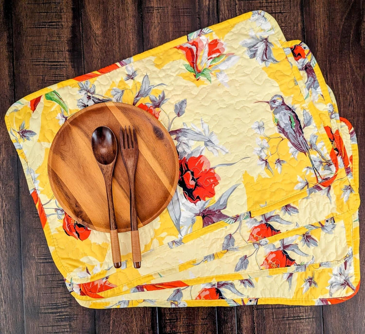 DaDa Bedding Radiant Sunshine Yellow Floral Dining Table Placemats - Set of 4-Pieces Quilted Hummingbirds Farmhouse Red Flowers - 13 x 19-0