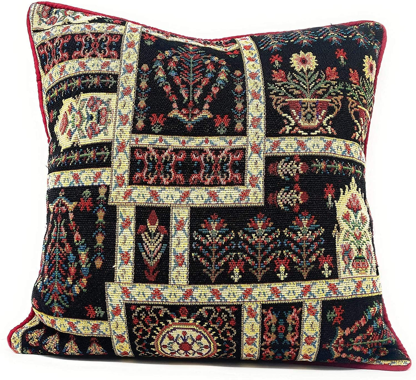 DaDa Bedding Set of 8 Pieces Dark Botanical Mughal Floral Table Woven Black Tapestry - 4 Placemats, 2 Table Runners, 2 Throw Pillow Covers (18197)-2