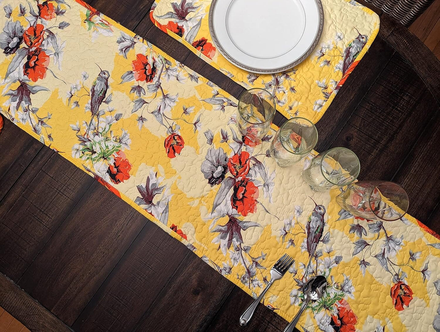 DaDalogy Bedding Sunshine Yellow Floral Vintage Hummingbirds Garden Table Runner (925)-2