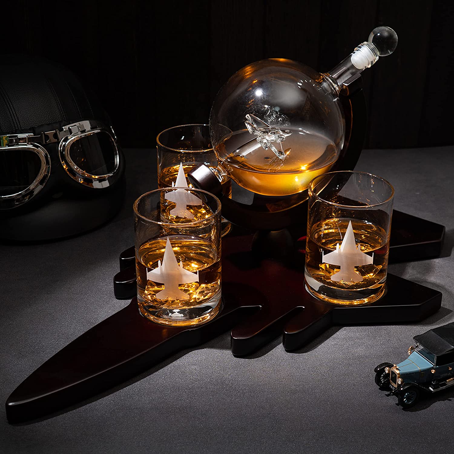Fighter Jet Wine & Whiskey Decanter Set F16, F15, F18, F22 with 3 Glasses by The Wine Savant - Bourbon, Scotch, Vodka, Pilot, Aviation Gifts, Airplane Figurine, Military Veteran Gifts, Airplane Gifts-2