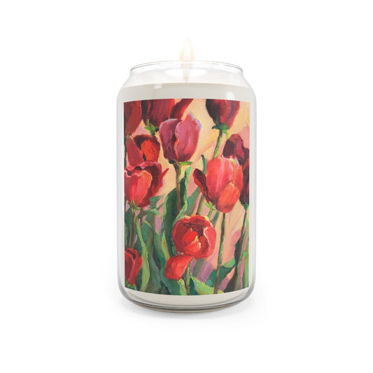 13.75oz Eco-Friendly Scented or Unscented Soy Wax Candle Jar  with 'Tulips' Floral Artwork by American Artist Barbara Cleary-0