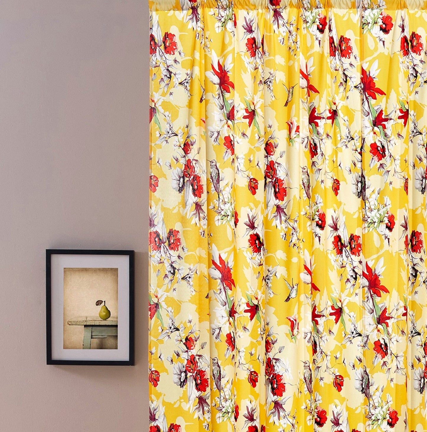 DaDa Bedding Set of 2 Radiant Sunshine Yellow Floral Window Curtain Panels - Natural Semi Sheer Hummingbirds Farmhouse Red Flowers Straight Tailored Edge-0