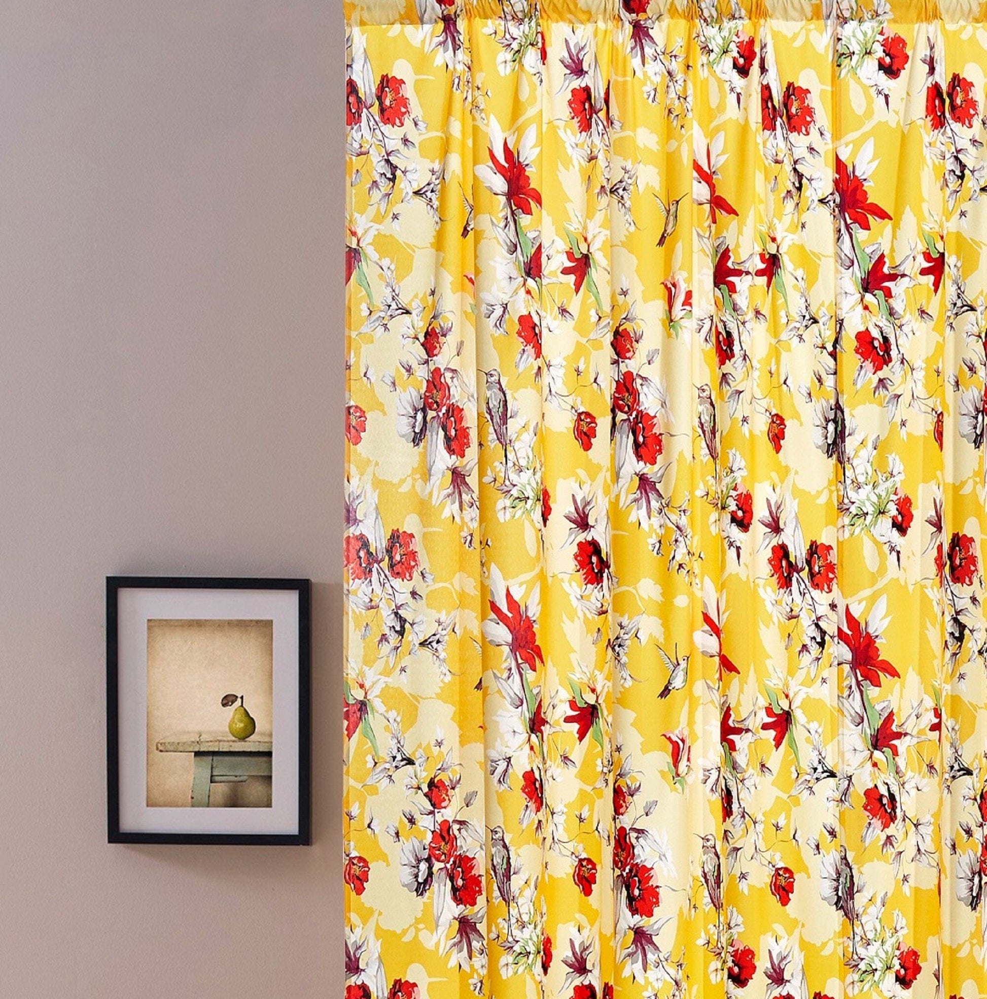 DaDa Bedding Set of 2 Radiant Sunshine Yellow Floral Window Curtain Panels - Natural Semi Sheer Hummingbirds Farmhouse Red Flowers Straight Tailored Edge-0