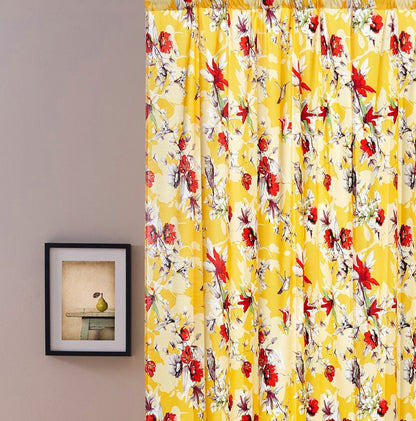 DaDa Bedding Set of 2 Radiant Sunshine Yellow Floral Window Curtain Panels - Natural Semi Sheer Hummingbirds Farmhouse Red Flowers Straight Tailored Edge-0