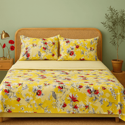 DaDa Bedding Sunshine Yellow Hummingbirds Floral Fitted & Flat Bed Sheets Set (JHW-925)-0