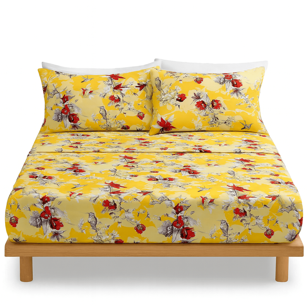 DaDa Bedding Sunshine Yellow Hummingbirds Floral Fitted & Flat Bed Sheets Set (JHW-925)-2