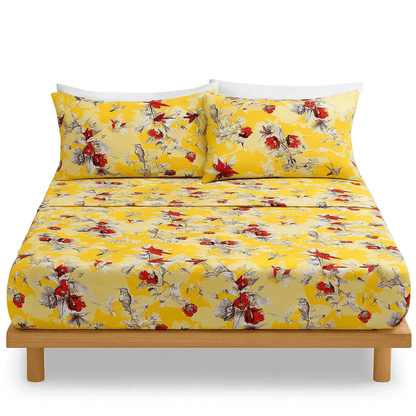 DaDa Bedding Sunshine Yellow Hummingbirds Floral Fitted & Flat Bed Sheets Set (JHW-925)-2