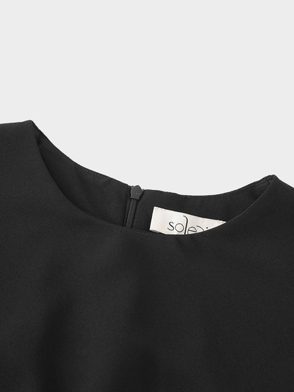 Faux Satin Crew Neck Slip Dress-Black-2