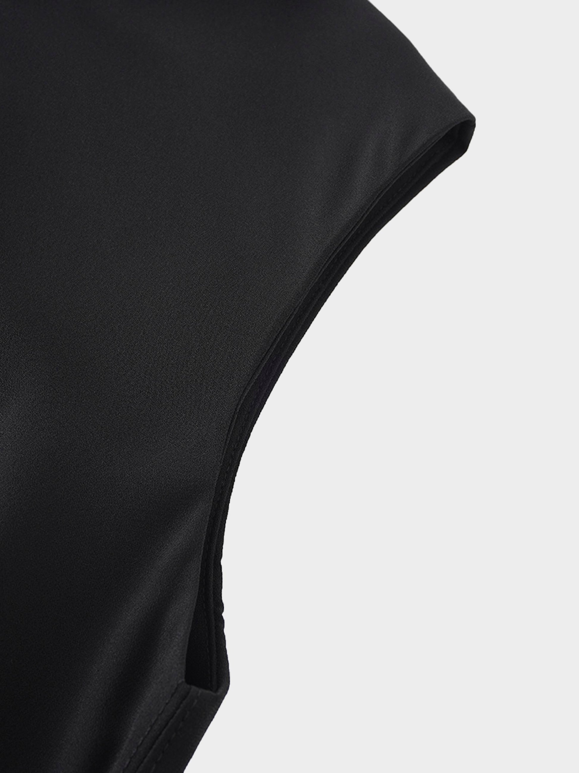 Faux Satin Crew Neck Slip Dress-Black-3