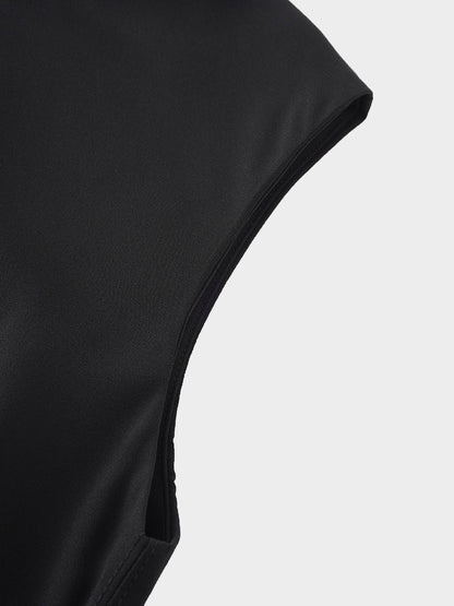Faux Satin Crew Neck Slip Dress-Black-3