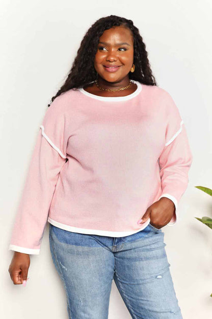 Double Take Contrast Detail Dropped Shoulder Knit Top-0