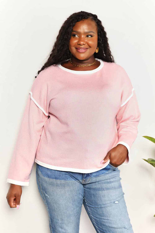 Double Take Contrast Detail Dropped Shoulder Knit Top-0