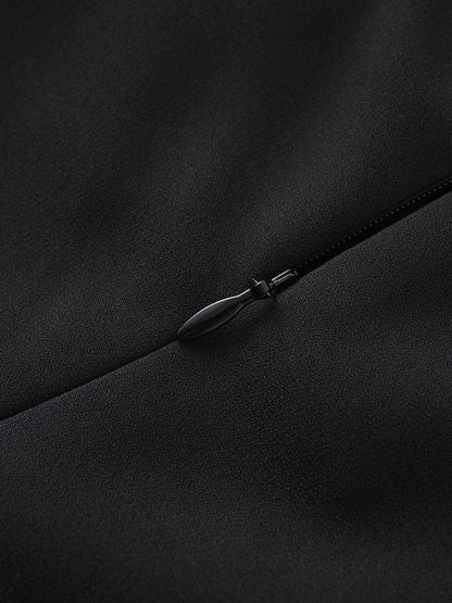 Faux Satin Crew Neck Slip Dress-Black-4
