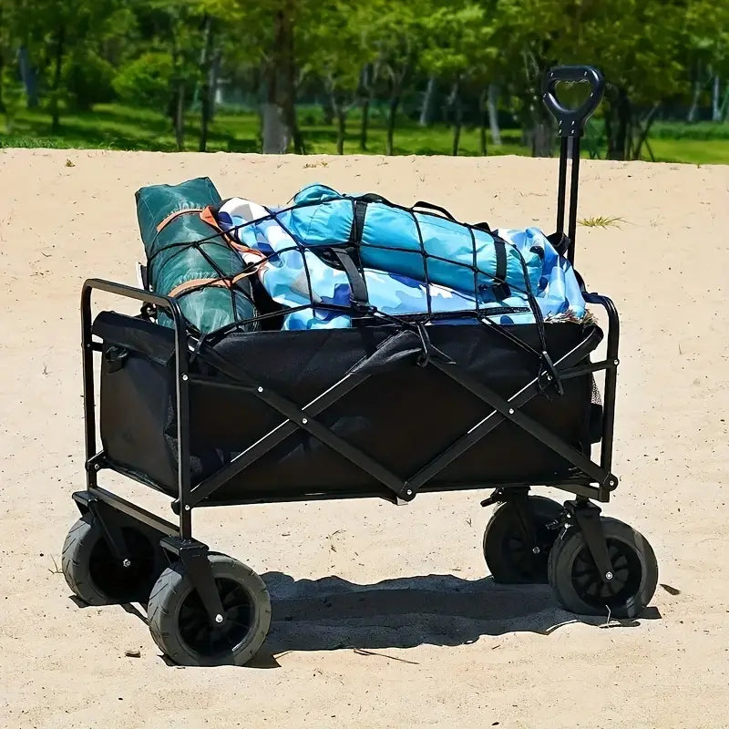 Heavy Duty Foldable Camping Wagon with Wide Wheels - Black-1