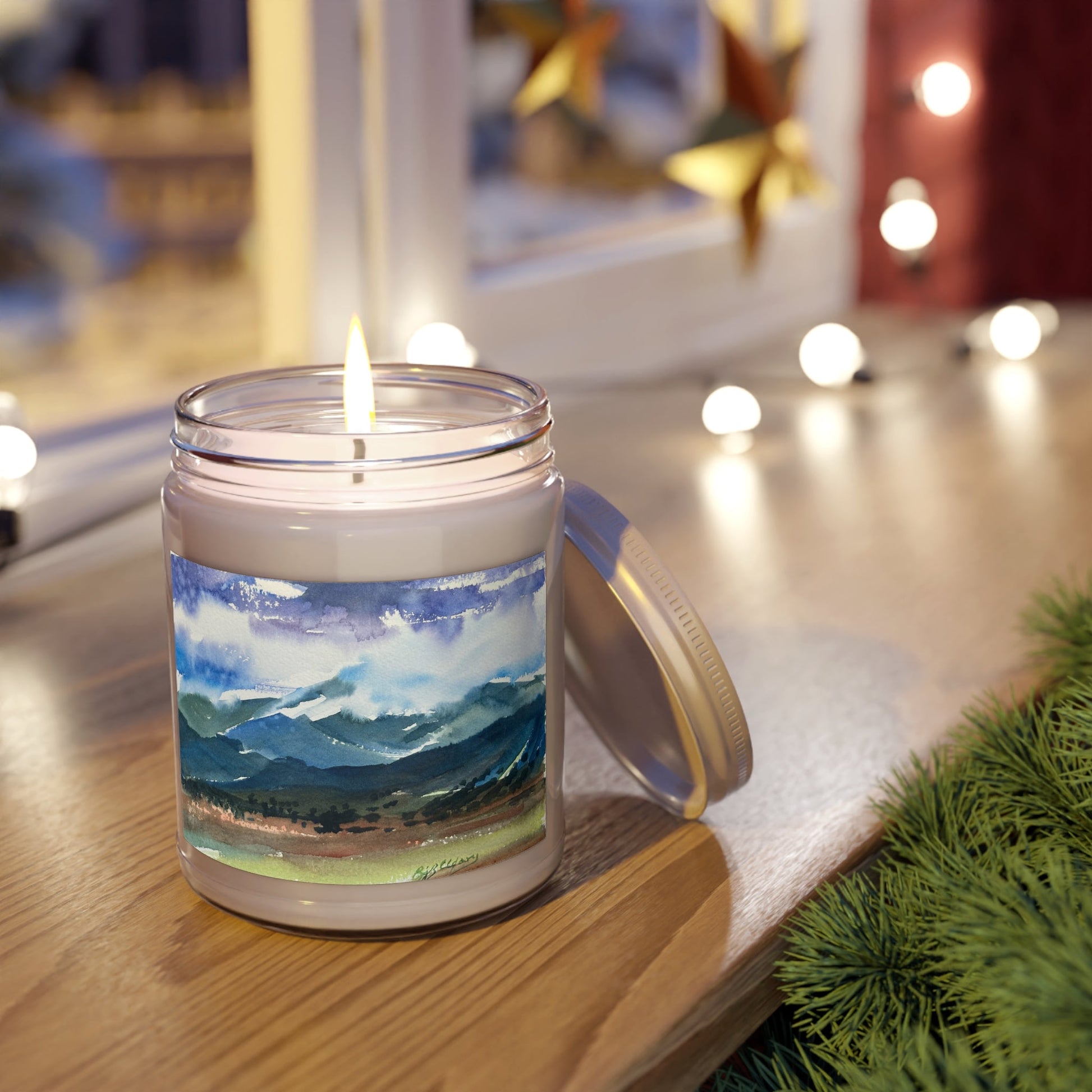 9oz Eco-Friendly Scented or Unscented Soy Wax Candle Jar with 'Tranquil Mountain View 3' Artwork by American Artist Barbara Cleary-3
