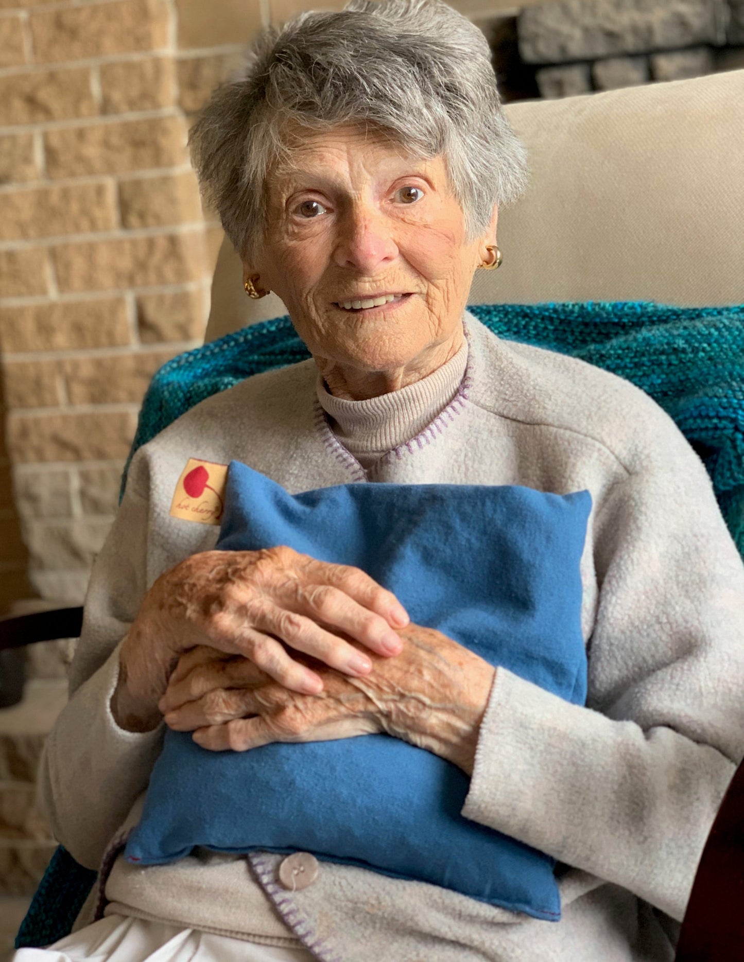 Hot Cherry Square Pillow in Blue Denim-3