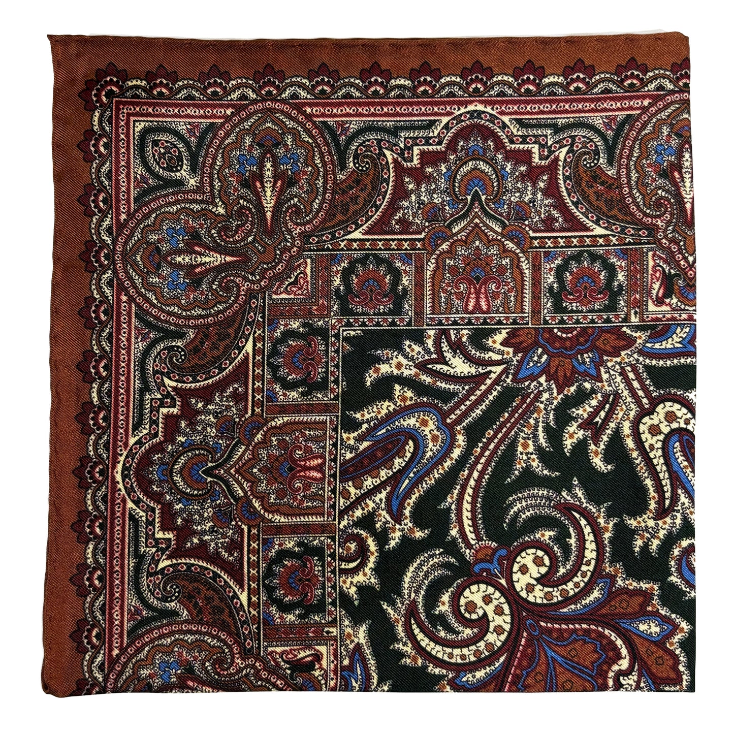 Forest Green & Brown Floral Motif Ancient Madder Silk Pocket Square-0