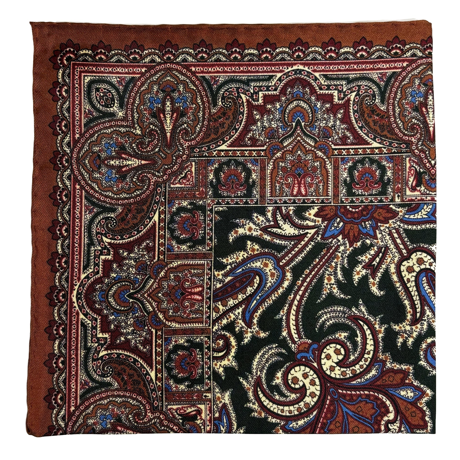 Forest Green & Brown Floral Motif Ancient Madder Silk Pocket Square-0