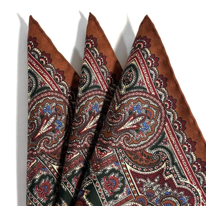 Forest Green & Brown Floral Motif Ancient Madder Silk Pocket Square-1