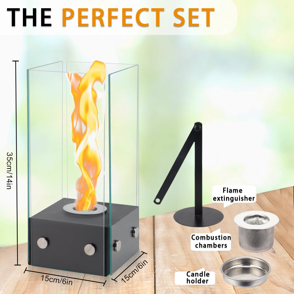 JHY DESIGN Rectangular Glass Tabletop Firepit 35cm H – Portable, Bio Ethanol, Ventless, Rotating Flame, Indoor/Outdoor-1