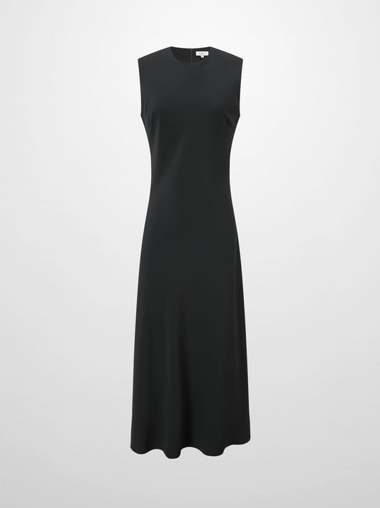 Faux Satin Crew Neck Slip Dress-Black-0