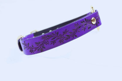 Leaf Pattern Submissive Day Collar – Purple Leather Discreet Jewelry-4