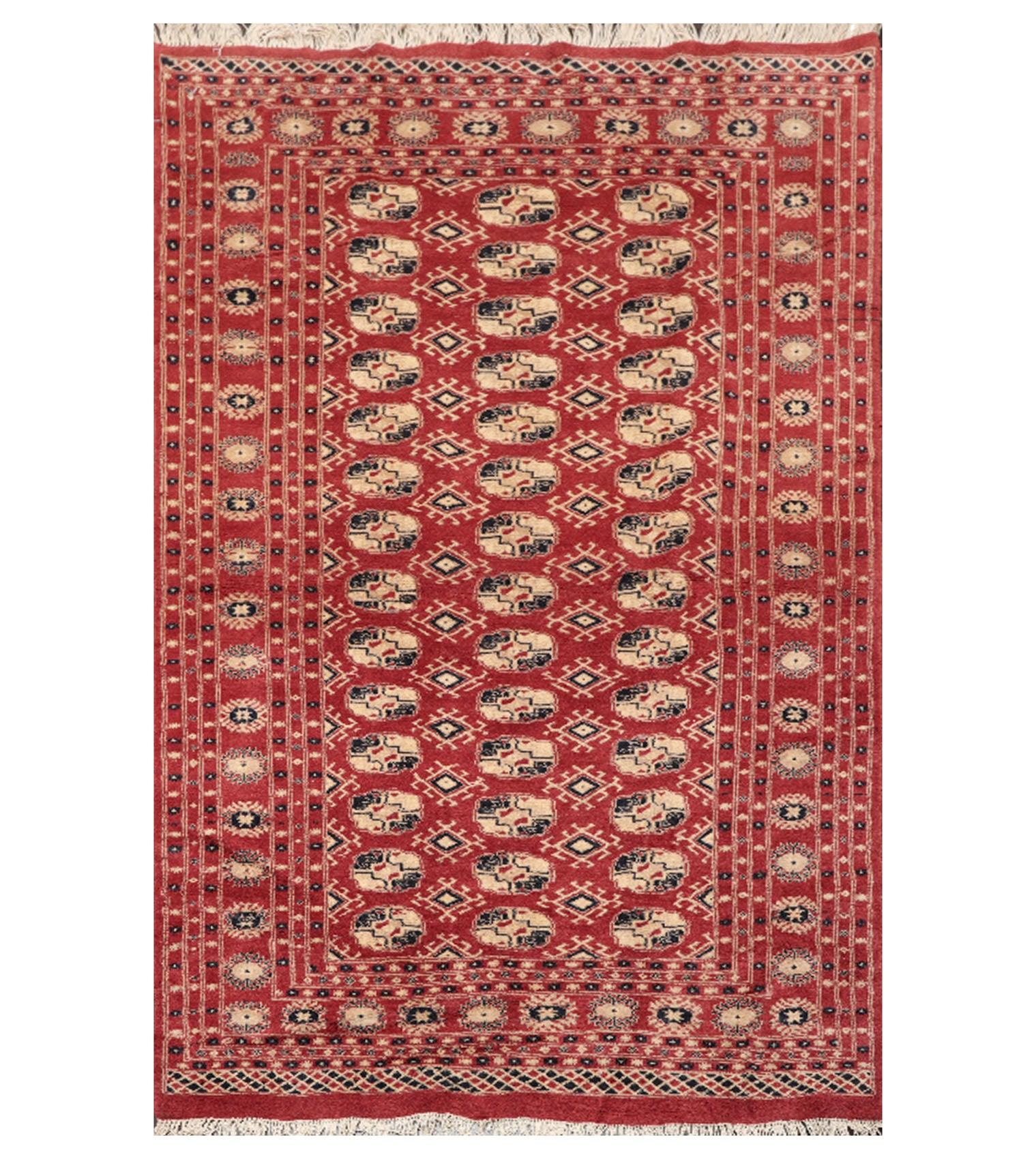4'2"x6'4" Hand Knotted Wool Bokhaara Traditional 250 KPSI Oriental Area Rug Rust-0