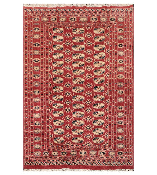 4'2"x6'4" Hand Knotted Wool Bokhaara Traditional 250 KPSI Oriental Area Rug Rust-0
