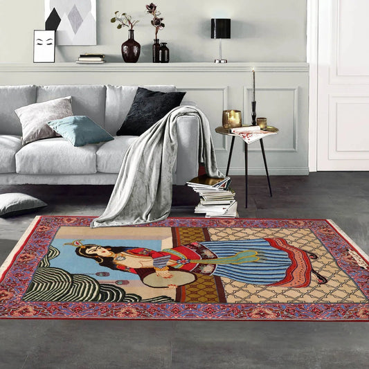 2' 5''x3' 10'' Hand Knotted 100% Wool Pictorial Tapestry Isfahan 300 kpsi Oriental Area Rug Beige, Blue Color-0