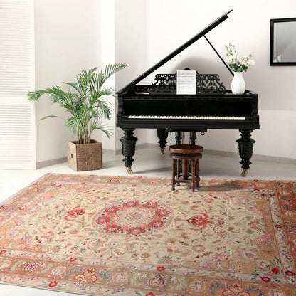 6x9 Hand Knotted Wool and Silk Traditional Tabriz 300 KPSI Oriental Area Rug Ivory, Peach Color-0