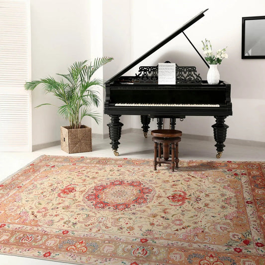 6x9 Hand Knotted Wool and Silk Traditional Tabriz 300 KPSI Oriental Area Rug Ivory, Peach Color-0