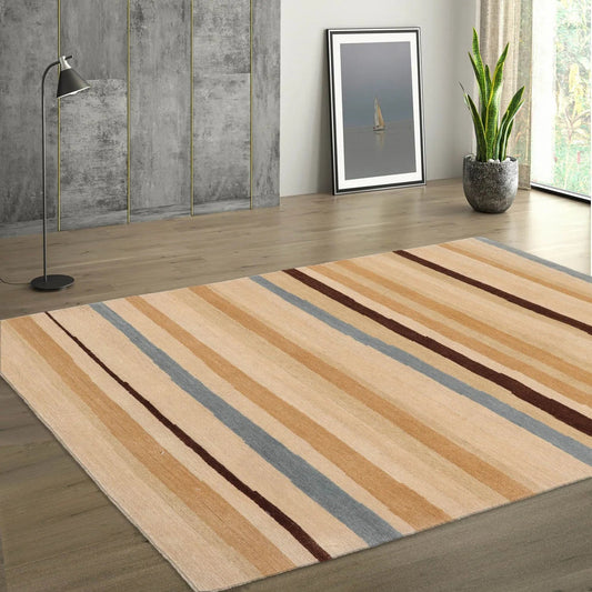 3x5 Hand-Knotted Contemporary  Striped Tibetan Wool Area Rug Beige-0