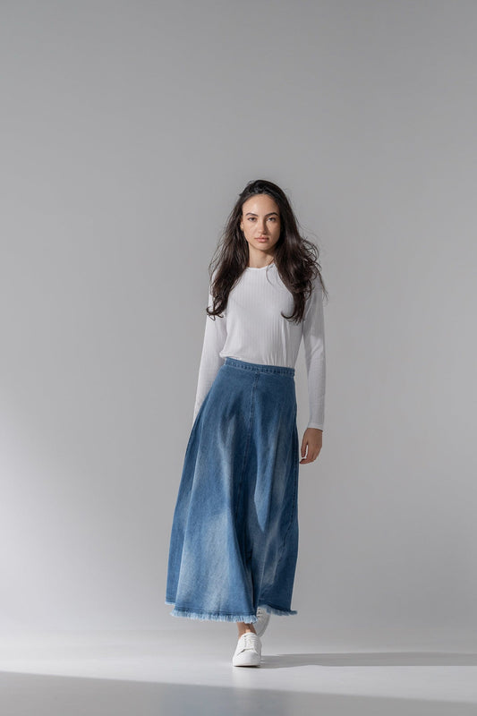 Washed Fringe Denim Skirt-Denim Blue-0