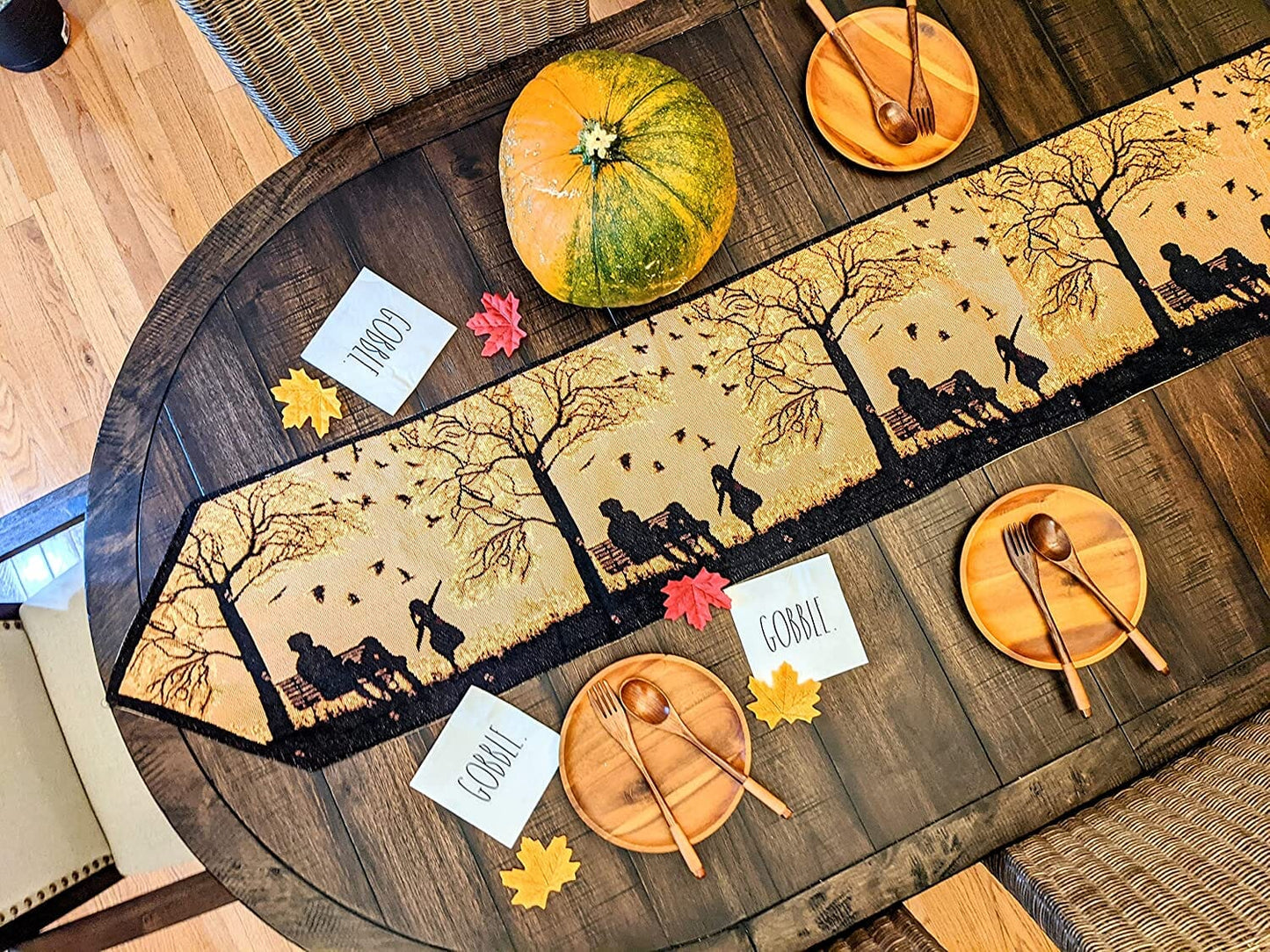 DaDalogy Autumn Birds Family Gathering Woven Tapestry Dining Table Runner (18198)-3