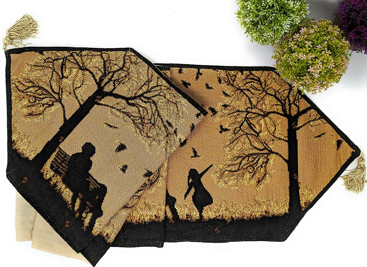 DaDalogy Autumn Birds Family Gathering Woven Tapestry Dining Table Runner (18198)-2