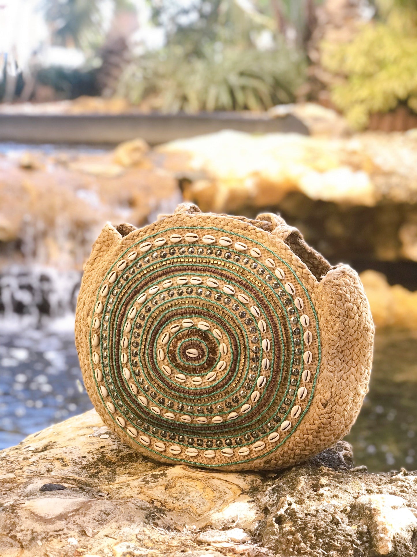 Designed Handmade Beaded Round Jute Bag-1