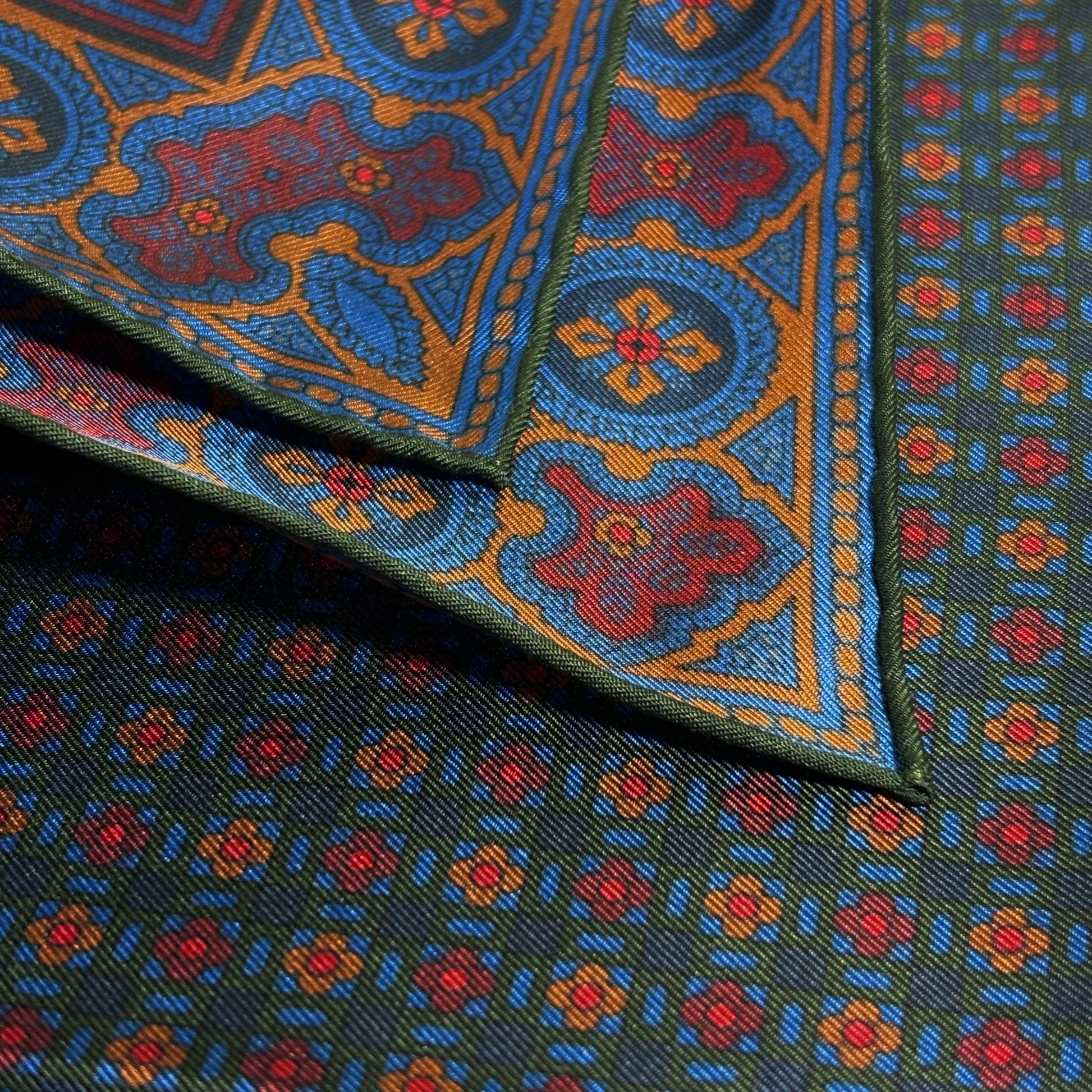 Forest Green & Bronze Small Geometric Ancient Madder Silk Pocket Square-4