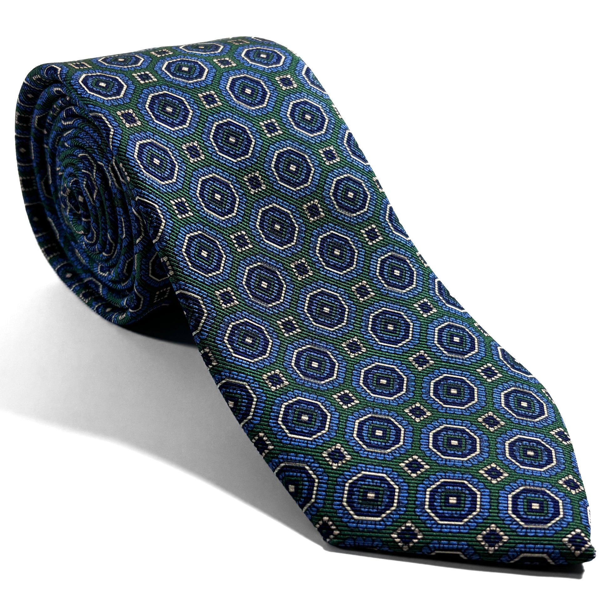Green & Blue Floral Medallion Silk Tie (Handmade in Italy)-0